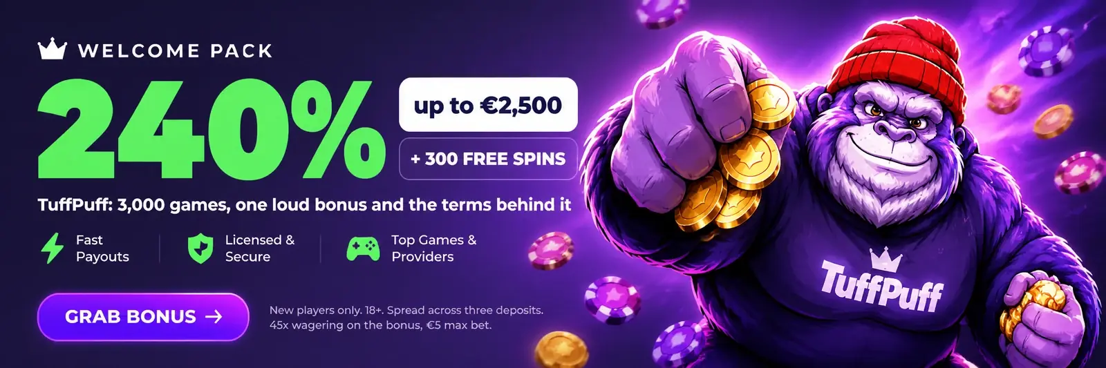 Welcome pack: 240% up to 2,500 euro and 300 free spins at TuffPuff
